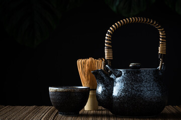 Japanese Matcha Tea Ceremony. Teapot and bamboo whisk