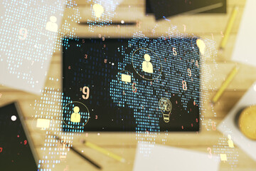 Double exposure of social network icons concept with world map and modern digital tablet on background. Networking concept