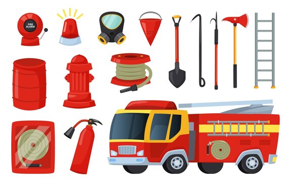 Cartoon firefighter equipment and tools, axe, extinguisher and firehose. Fire truck, hydrant, bucket, firefighting elements vector set. Illustration of firefighter tools