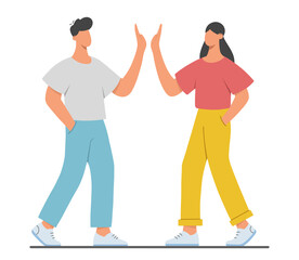 Happy boy and girl giving high-five. Concept of teamwork, friendship or togetherness. Flat vector illustration on white background.