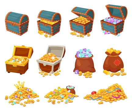 Cartoon treasure chests, piles of gold and jewels, pirate treasures. Bag with diamonds, open wooden chest with coins and gems vector set. Illustration of pirate wealth with gems