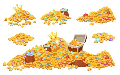 Fotobehang Cartoon treasure piles coins, jewels, gems and gold bars. Pirate treasures, pile of gold, precious stones, wooden chest, crown vector set. Illustration of golden pile, gold medieval pirate abundance © Frogella.stock