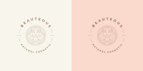 Beauty female portrait logo emblem design template vector illustration in minimal line art style