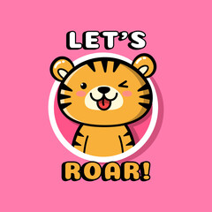 Tiger icon with lettering in flat cartoon style. Cute baby tiger mascot illustration. Hand drawn kawaii design for t-shirt print and nursery decor.