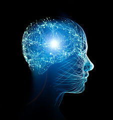 Obraz premium Stimuli and emotions, feelings that pervade the body. Impulses, neurons and synapses. Face profile view. Artificial intelligence. Alignment of the chakras. Trigger points. 3d rendering 