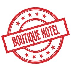 BOUTIQUE HOTEL text written on red vintage round stamp.