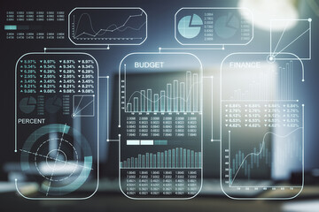 Abstract creative analytics data spreadsheet on modern computer background, analytics and analysis concept. Multiexposure