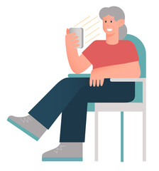 Concept of web phone addiction, new world of commutication. Grey hair old woman enjoying time with her phone relaxing in her chair. Vector flat illustration isolated on white background