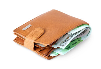 wallet made of genuine leather with 100 dollar bills and euros