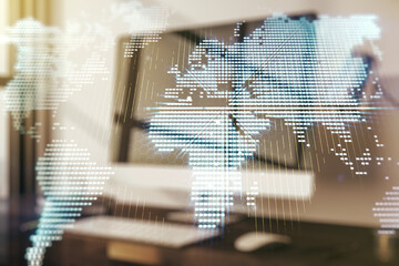 Abstract creative digital world map on modern computer background, globalization concept....
