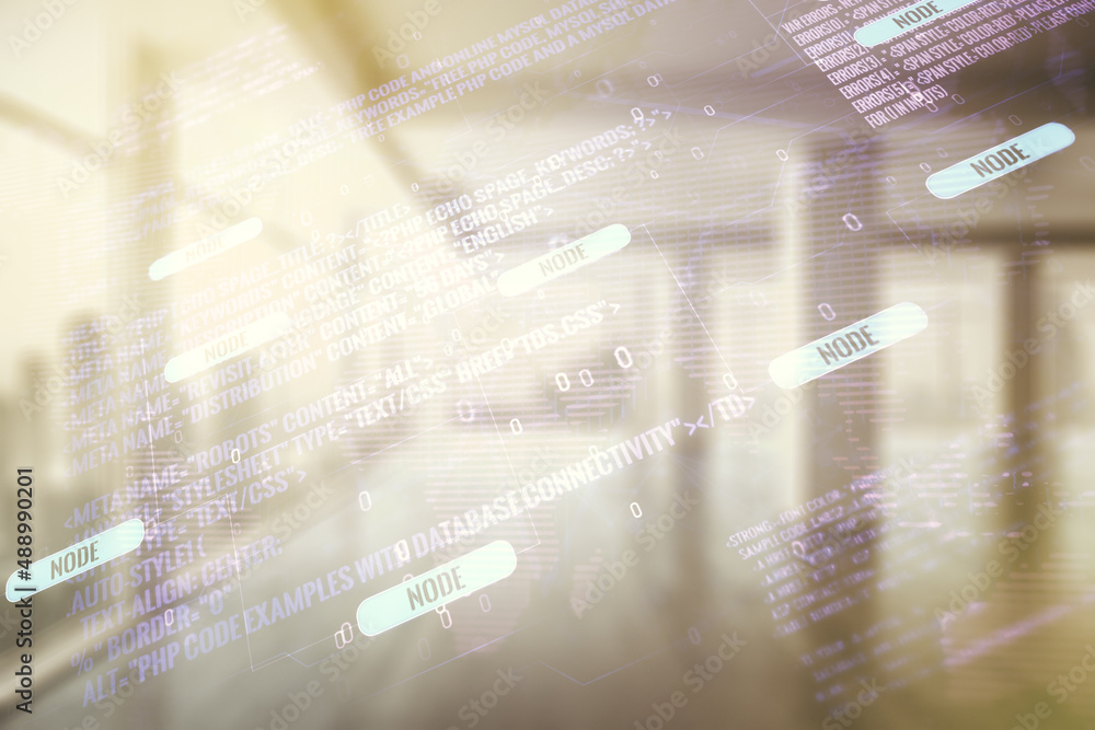 Aufkleber double exposure of abstract programming language hologram and world map on empty modern office backg