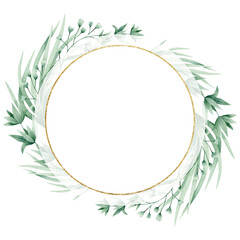 Naklejka premium Watercolor illustration card green branches, grass, circle gold frame. Isolated on white background. Hand drawn clipart. Perfect for card, postcard, tags, invitation, printing, wrapping.