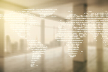 Obraz premium Multi exposure of abstract graphic world map hologram on abstract empty interior background, connection and communication concept