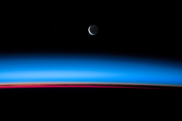 Crescent moon over the sky, Earth blue horizon, Lunar Views and Beyond, sattelite photo, moon...