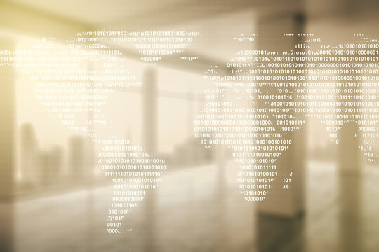 Multi exposure of abstract graphic world map hologram on abstract empty interior background, connection and communication concept