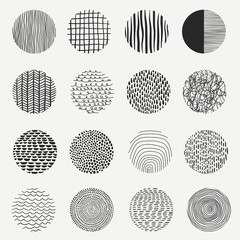 Collection texture with variety abstract shapes. Hand drawn doodle shapes. Round abstract backgrounds with drops,  lines, spots, curves, strokes, stripes. For posters, social media icons.