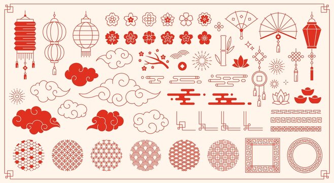 Traditional chinese new year elements, asian oriental ornaments. Japanese festive decorations, clouds, flowers and patterns vector set. Illustration of traditional chinese lunar symbol and elements
