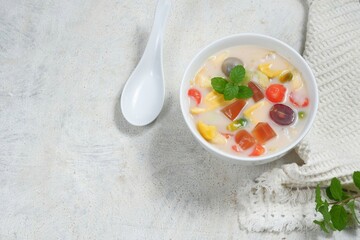 Es buah or sop buah-is an Indonesian iced fruit cocktail dessert. This cold and sweet beverage is made of diced fruits mixed with shaved ice or ice cubes, and sweetened with liquid sugar or syrup.