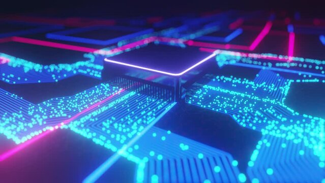 3d neon microchip city grid animation close spin