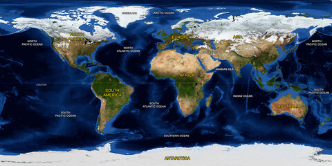 Earth flat view from space. Detailed flat World physical map on global satellite photo, Panoramic...