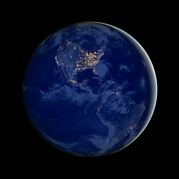 The image of North and South America at night, city lights, America in the darkness, earth photo at night with black background. Elements of this image furnished by NASA