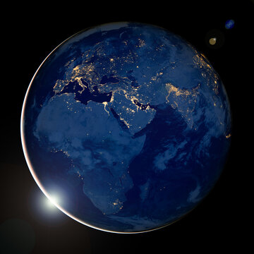 Earth photo at night with black background, City Lights of Africa, Europe, and the Middle East from space, World map on dark globe, satellite photo. Elements of this image furnished by NASA