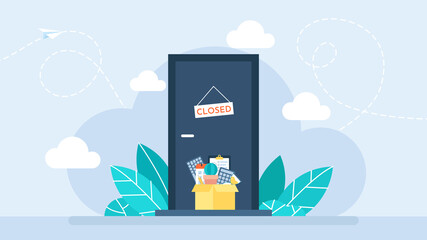 Firing from a job. A cardboard box full of office stuff. Door with the inscription Closed. Job cuts. Dismissal employee. Unemployment and Jobless concept. Flat style design. Business illustration - obrazy, fototapety, plakaty