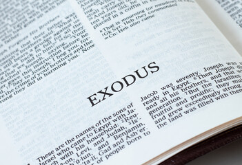 Exodus open Holy Bible Book close-up. Old Testament Scripture. Studying the Word of God Jesus Christ. Christian biblical concept of liberation and departure from Egypt. Ten commandments covenant. - obrazy, fototapety, plakaty