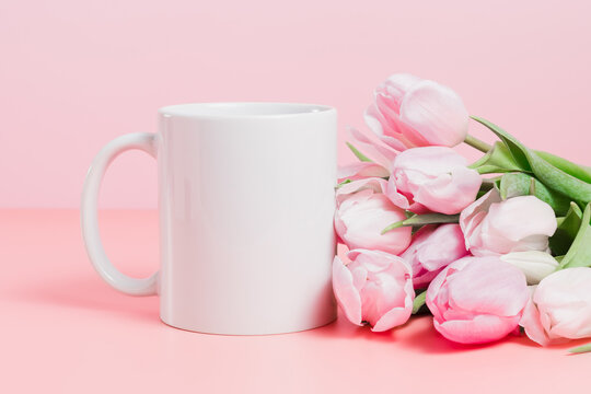 2 White blank coffee mugs with handle on pink background with reflection 3d  render scene with cup in air. AI Generated 23379927 Stock Photo at Vecteezy