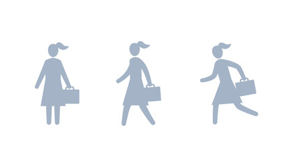 Business woman standing, walking, running icon. Human movement  illustration set.	