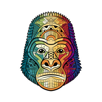 Gorilla head. Portrait of Big Mountain Gorilla isolated on white background. Painted ethnic ornament. Africans design. May be used for the design of t-shirts, bags, postcards, posters, banners. Logo