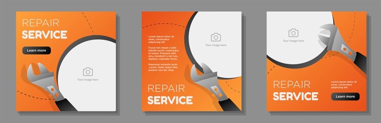 Repair service social media post, banner set, handyman tools advertisement concept, carpenter wrench marketing square ad, abstract print, isolated on background