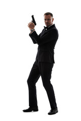 Obraz premium The agencys top spy. Studio shot of man in a tuxedo holding a gun isolated on white.