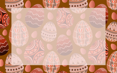 Easter background with decorative borders from Easter eggs. Easter eggs with ornaments in red and orange colors.