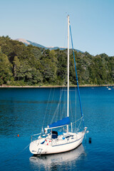 Boat on the lake. Cruiser, inboard, motorboat, outboard, powerboat, houseboat, riverboat auxiliary, bumboat, cutter, jolly-boat, launch, lifeboat, longboat, tender, yawl.