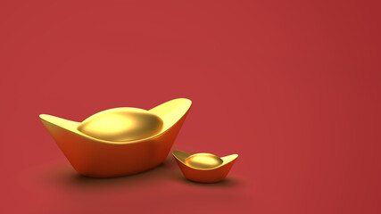 3D rendering of Chinese gold isolated on red background with clipping path