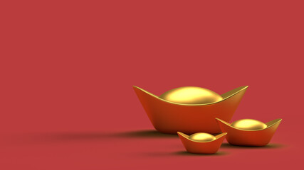 3D rendering of Chinese gold isolated on red background with clipping path