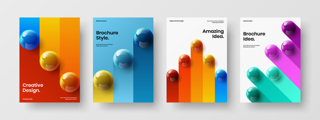 Multicolored pamphlet vector design concept bundle. Vivid 3D spheres company cover template collection.