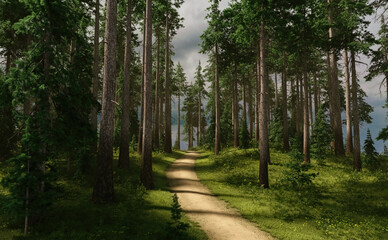 Trail in sunny forest with firs, grass and flowers under a blue cloudy sky. 3D render.