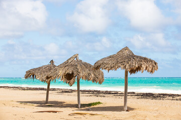Three wooden umbrellas stand on an empty beach