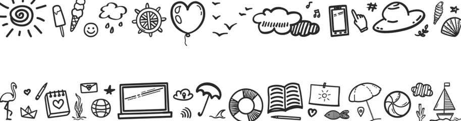 Hand drawn black holiday elements on white. Summer holidays. Freehand signs and symbols. Banner design. Black and white illustration