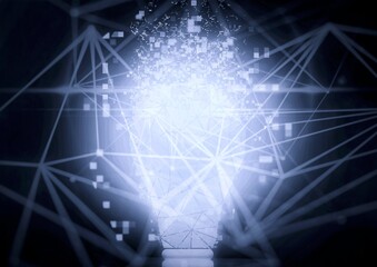 テクノロジーの概念で光る電球と光の線が渦巻くイラスト