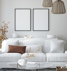 Frame mockup in modern living room interior background, 3d render