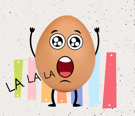 Music singer. Painted funny cute egg in cartoon style shouting. Happy Easter traditions, mood. Concept of holidays, spring, celebrating, family time, kids, sales