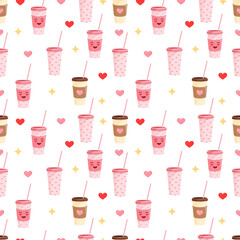 Seamless pattern with coffee paper cup or tea. Vector illustration of a plastic cup with a straw valentine's day textures for postcard, textile, decor, paper, texture, wrapping.