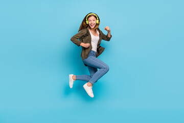 Full size photo of dreamy blonde hair girl go on trip adventure listen favorite music isolated on...