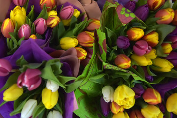 packaging with tulip bouquets close up