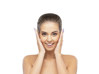 Studio portrait of a young, beautiful and healthy girl. Attractive female face isolated on white background.