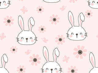 Fototapeta premium Seamless pattern with rabbit cartoons, butterfly and pink flower vector illustration.