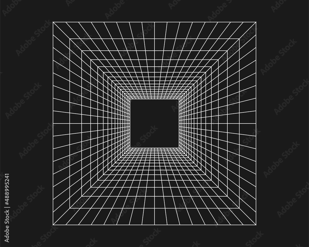 Poster cyber grid, retro punk perspective rectangular tunnel. grid tunnel geometry on black background. vec